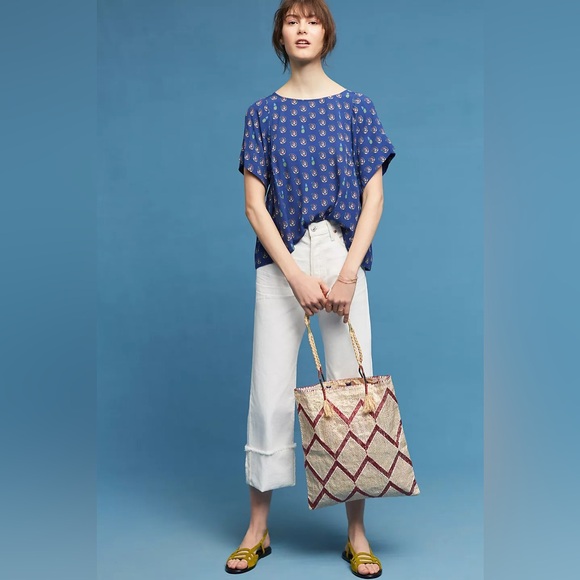 Maeve Milla Printed Kimono Sleeve Top Drapey Viscose Size Small Blue - Picture 3 of 11